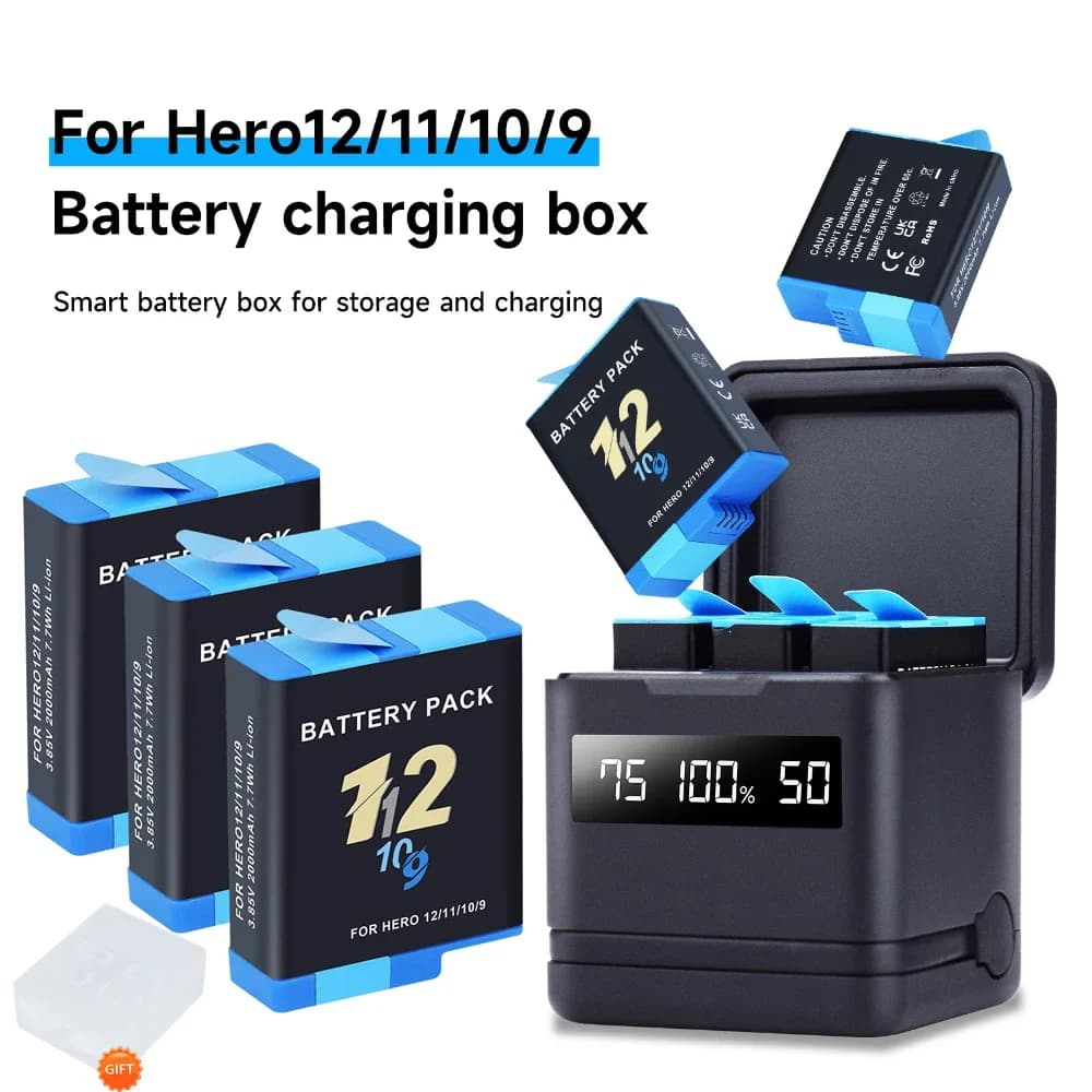Batterie 2000mAh pour GoPro hero 10 + chargeur LCD à 3 emplacements avec Port type-c pour GoPro Hero 9 Go Pro 10 hero 11 12 caméras de Sport