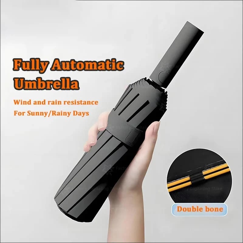 Parapluie pliable à 24 baleines, entièrement automatique, double baleine, protection UV SPF 50, résistant à la pluie, résistant au vent fort