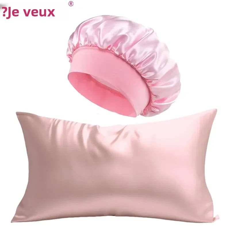 Ensemble de taie d'oreiller en soie et Bonnet en Satin, 2 pièces, housse de coussin pour soins de la peau des cheveux + Bonnet de sommeil doublé en
