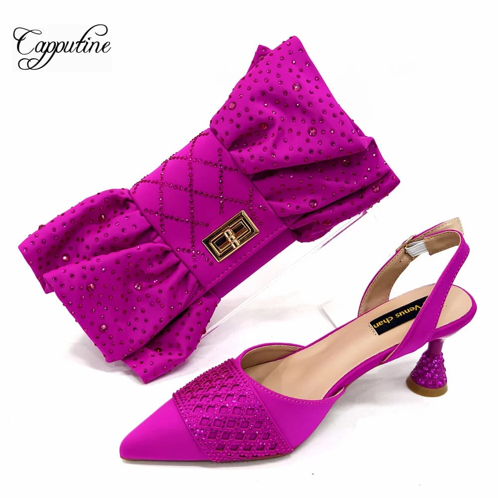 Ensemble de chaussures et de sacs Fuchsia pour femmes, escarpins africains assortis avec sac à main, sandales, pochette à la mode, Escarpins pour