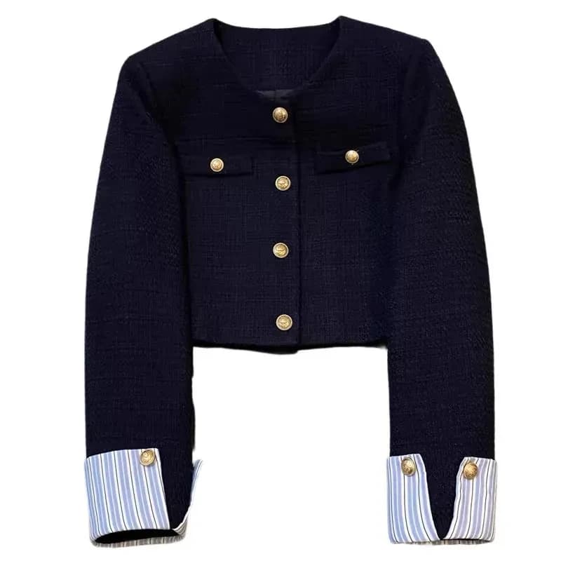 Veste de costume bleu marine style petite fragrance pour femme, nouvelle collection printemps-automne 2026, col rond, design français, haut court à