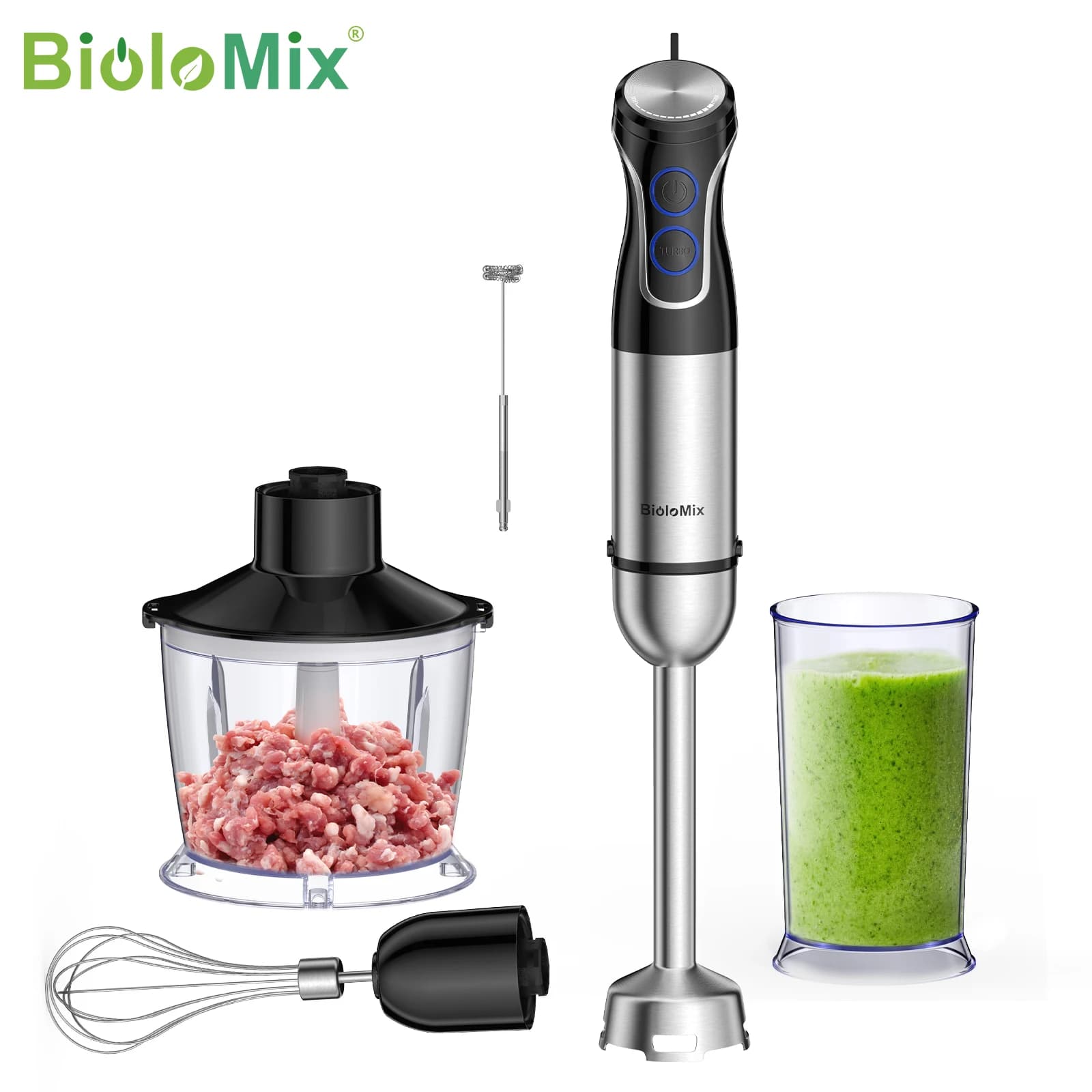 BioloMix – mélangeur à main à Immersion 5 en 1, mélangeur 1500W avec lame en acier inoxydable 304, robot culinaire, Smoothies, purée de