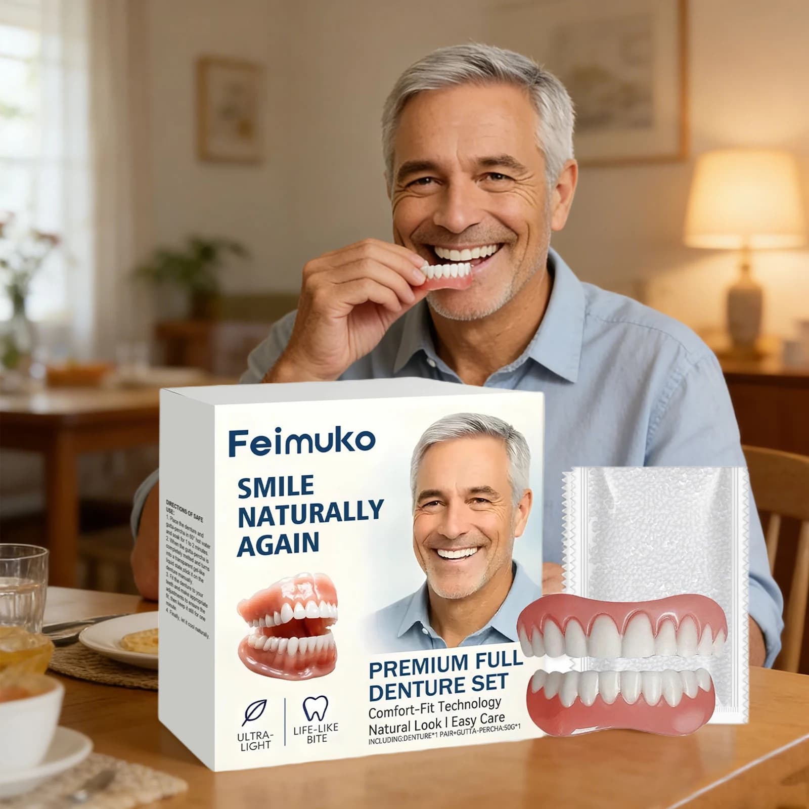 Prothèses Dentaires Complètes Naturelles, Ensemble Supérieur et Inférieur, en Silicone, pour Hommes et Femmes, pour une Confiance Instantanée,