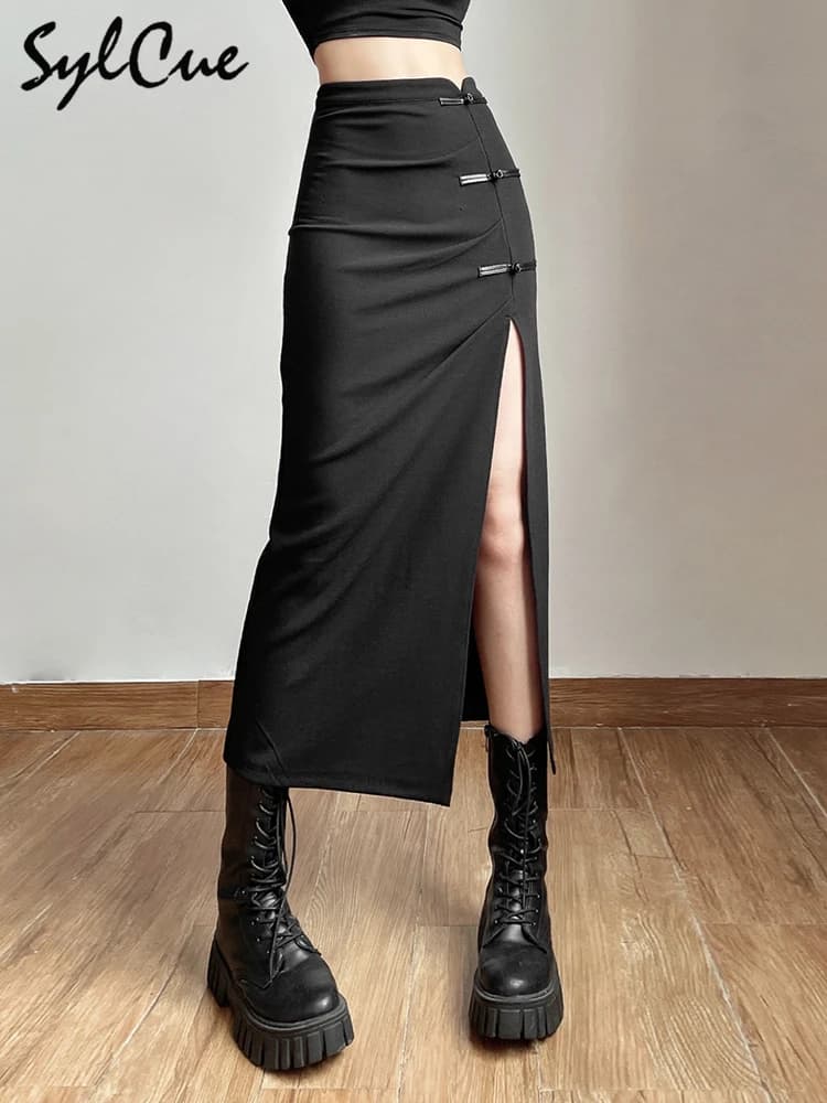 Nibber noir Sexy fendu Simple décontracté tout-Match chaud rue sortie Cool Mature vitalité personnalité tendance basique femmes jupe