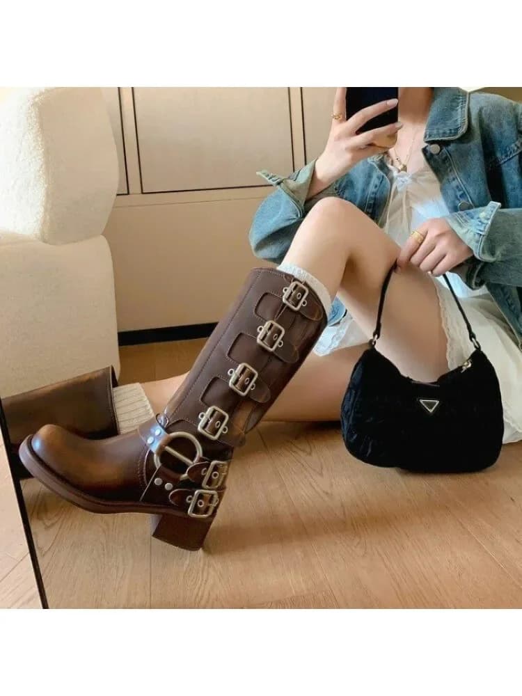 Boucle en métal bout carré genou bottes hautes femmes noir en cuir PU Punk bottes longues femme automne 2025 talons épais moto chaussons
