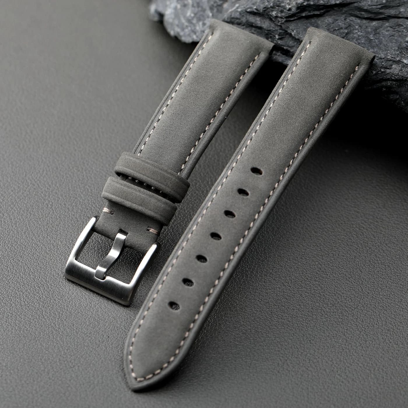 Bracelet en cuir véritable gris fait à la main 20MM, bracelet en cuir de vache italien givré, bracelet de montre pour hommes de style vintage