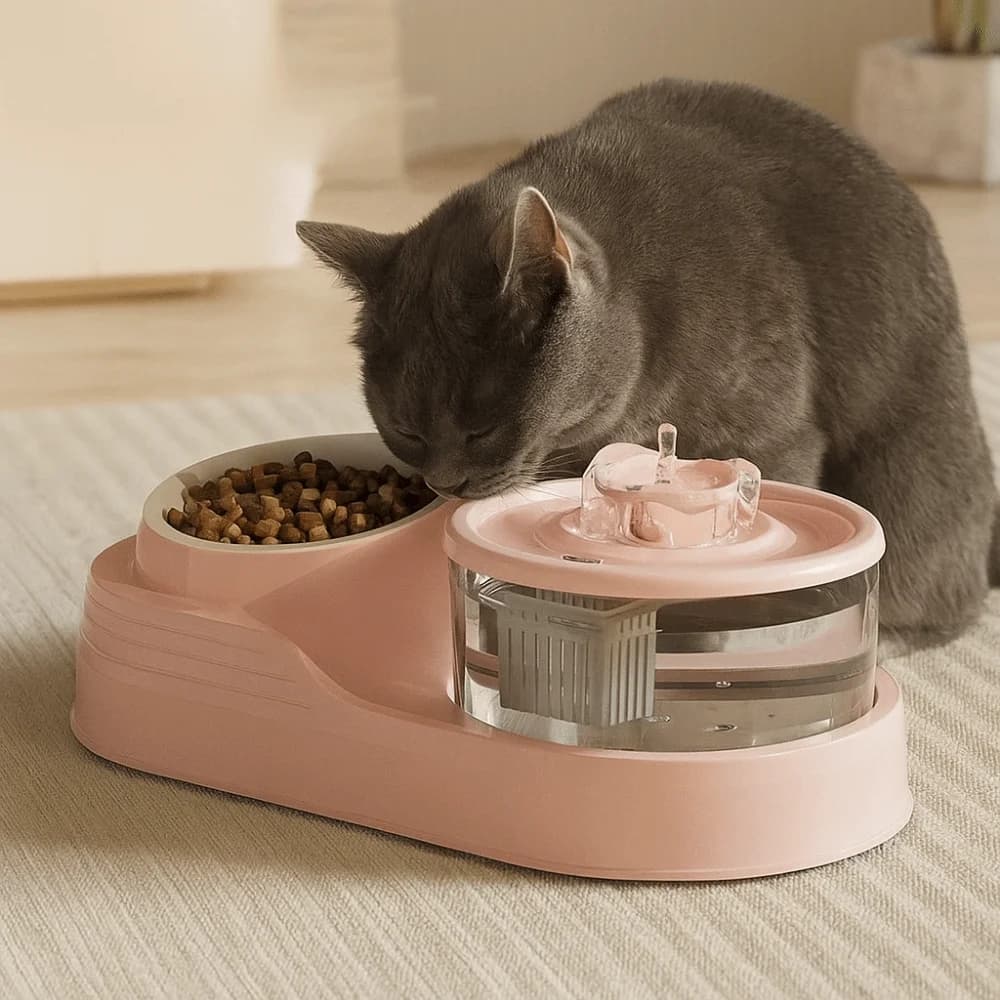 Fontaine à eau pour animaux de compagnie 2-en-1 avec chargement USB, filtre automatique, silencieuse, gamelle pour chat, grande capacité, protection