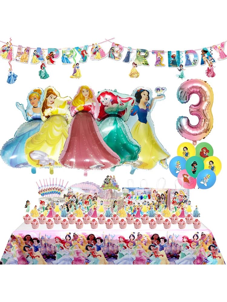 Décoration de fête d'anniversaire princesse Disney, toile de fond pour enfants, fournitures d'événements pour bannière de naissance, vaisselle