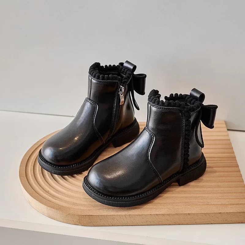 Bottines courtes pour filles avec nœud papillon au dos, semelle souple, bottes de princesse en cuir avec fermeture éclair latérale en coton chaud,