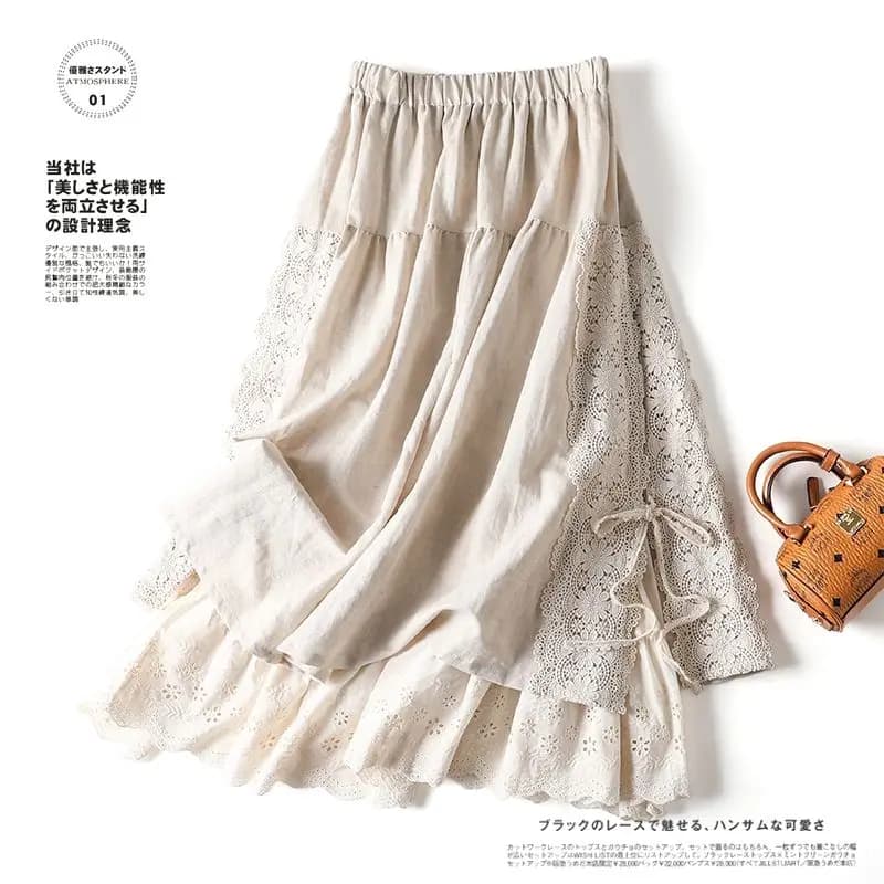 Vintage Chic broderie lin coton jupes longues femmes été élastique taille haute plissée Maxi jupe femme élégante a-ligne jupe