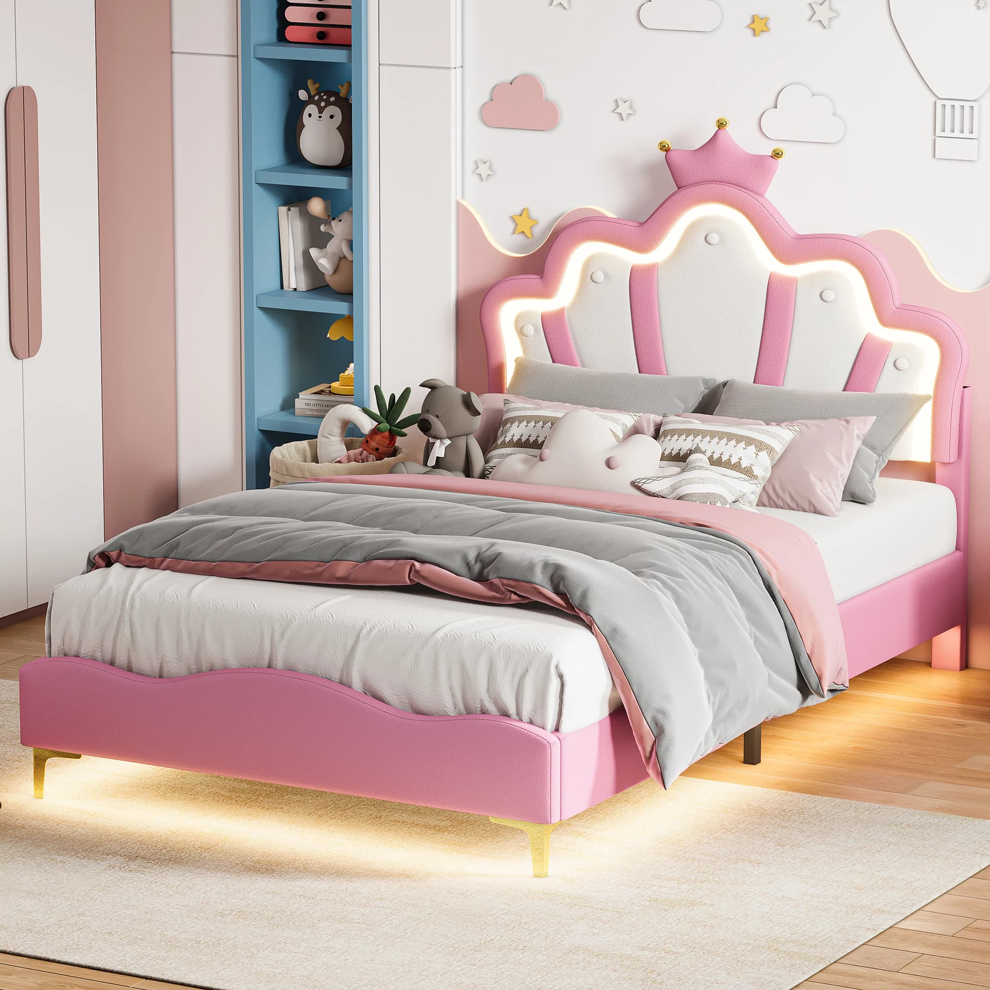 Lit flottant Comanlai Pink Princess 140 x 190 cm 90 x 190 cm avec tête de lit en forme de couronne et éclairage LED RGB, lit enfant rembourré avec