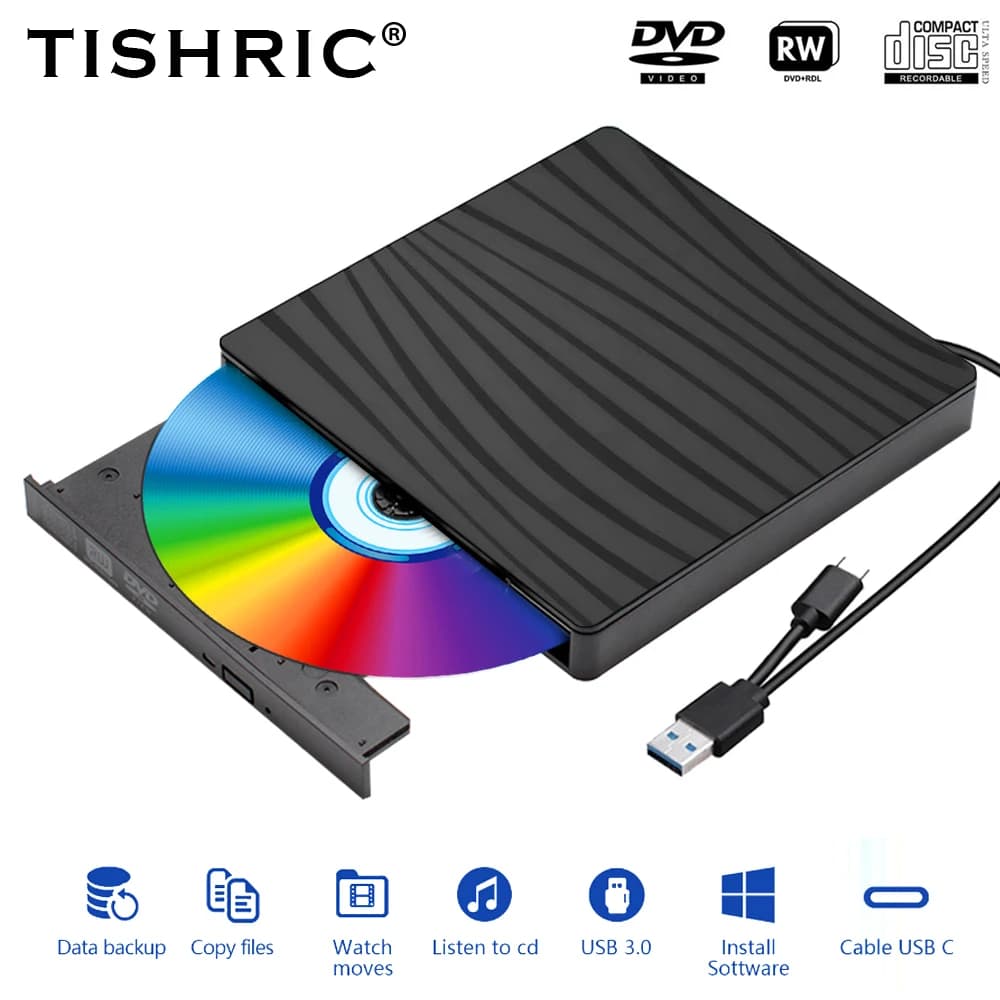 TISHRIC Type C USB 3.0 lecteur CD et DVD externe RW DVD graveur lecteur graveur lecteur DVD CD externe pour ordinateur portable de bureau