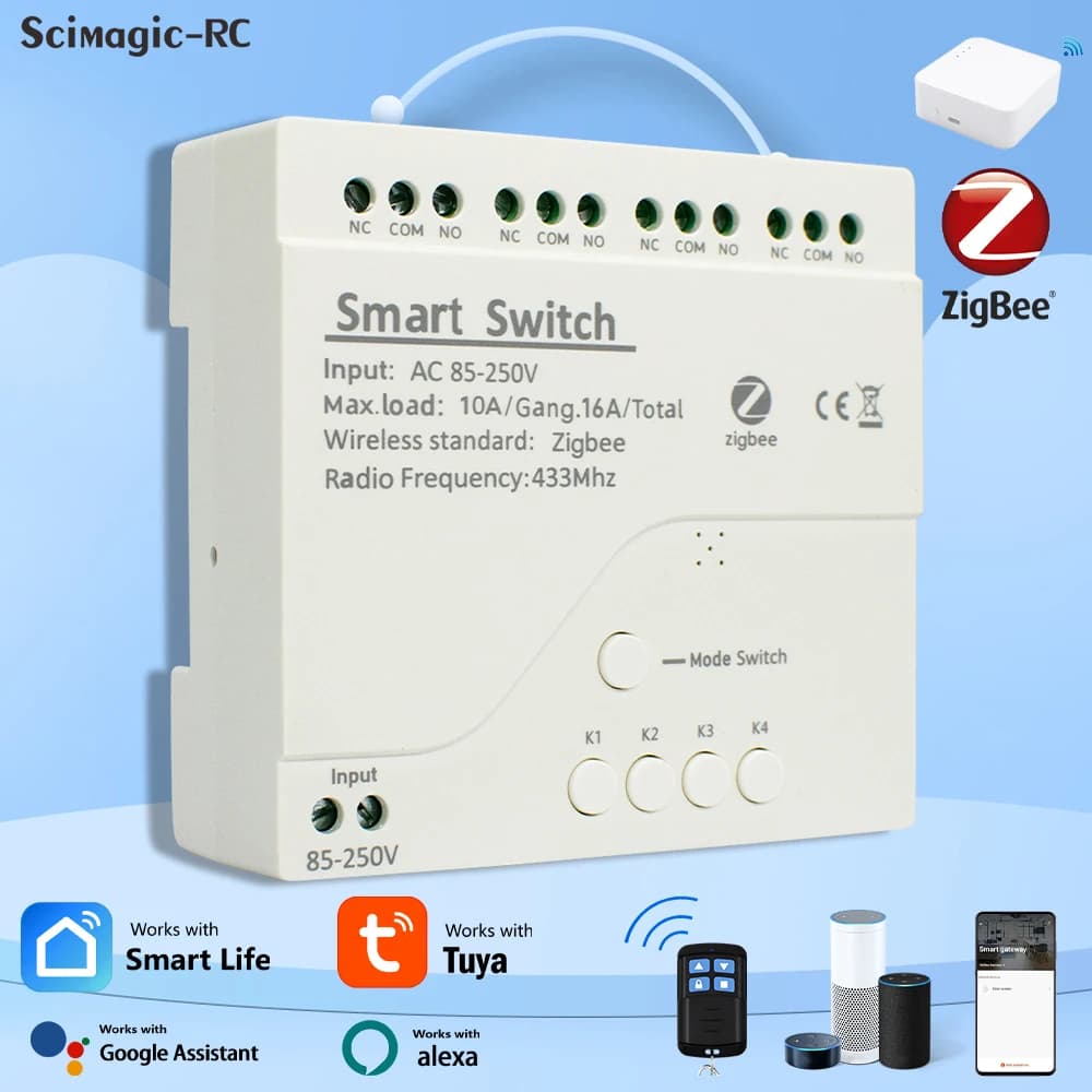 Tuya Zigbee Smart Switch Tech, WiFi Quotes, Rail DIN RF433, Télécommande nous-mêmes avec Alexa, Google, airies Zigbee, 1 canal, 2/4 canaux