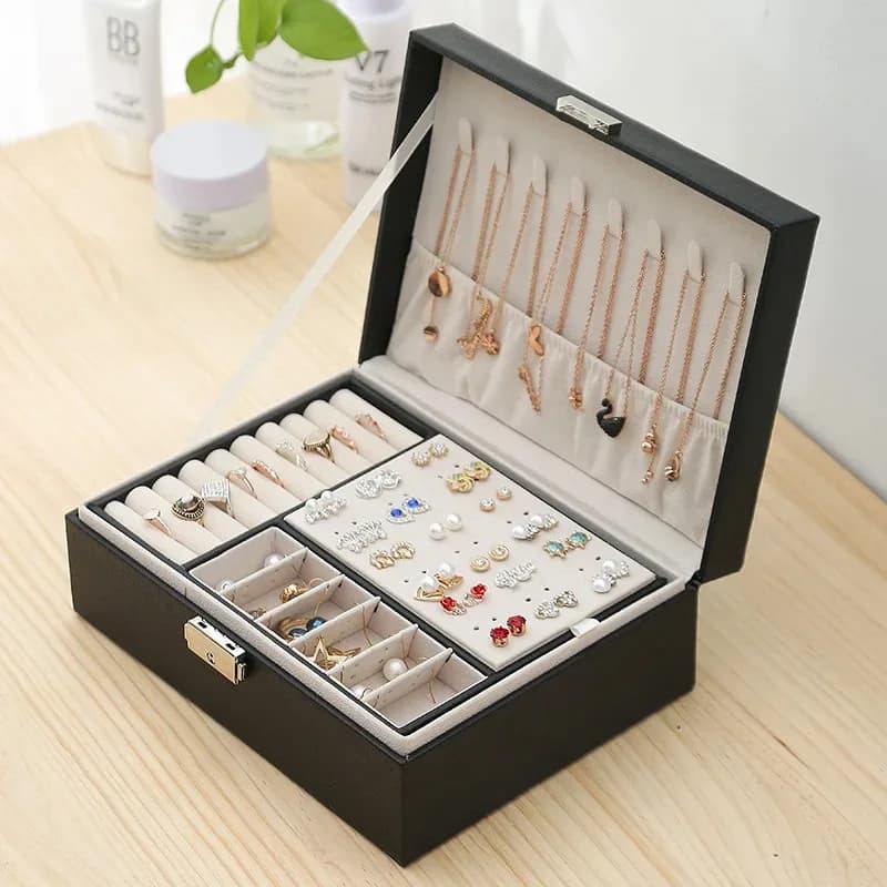 Boîte à bijoux Double couche, boîte à bagues, boîtes à bijoux avec serrures, organisateur de rangement de bijoux en cuir PU et étui de