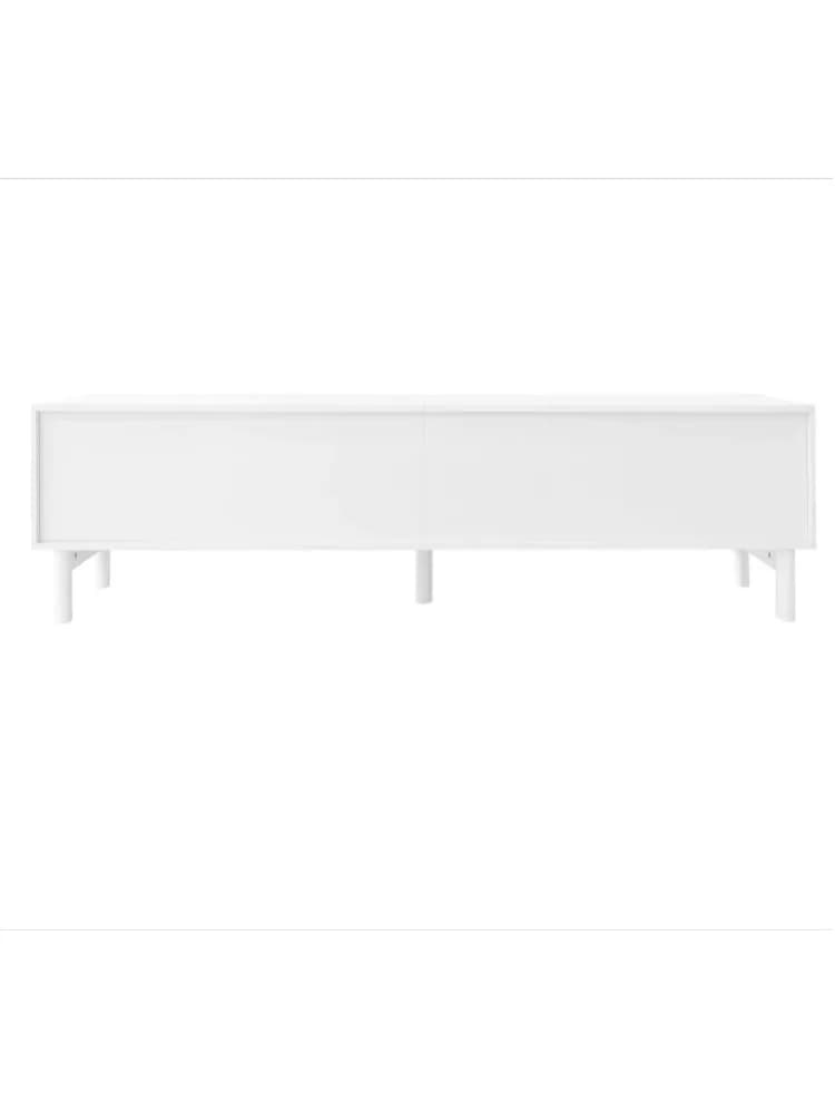 Meuble TV blanc avec quatre portes courbes, étagères de rangement et pieds en bois massif, 169x34x45,5 cm