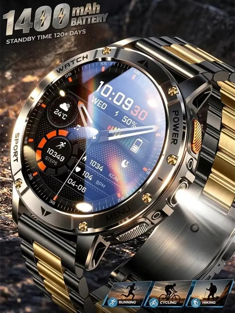 Montre connectée de sport avec batterie ultra grande capacité de 1400mAh, fréquence cardiaque, lampe torche tactique puissante, étanche 5ATM,