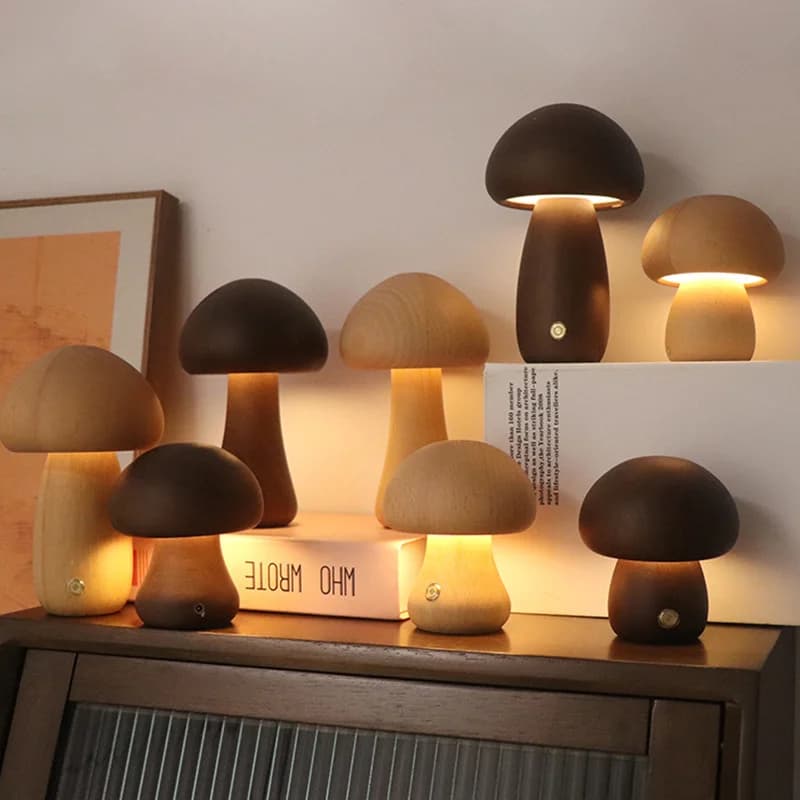Champignons en bois veilleuse interrupteur tactile chambre lampe de Table de chevet noyer hêtre bois chaud réglable lampe de bureau USB rechargeable
