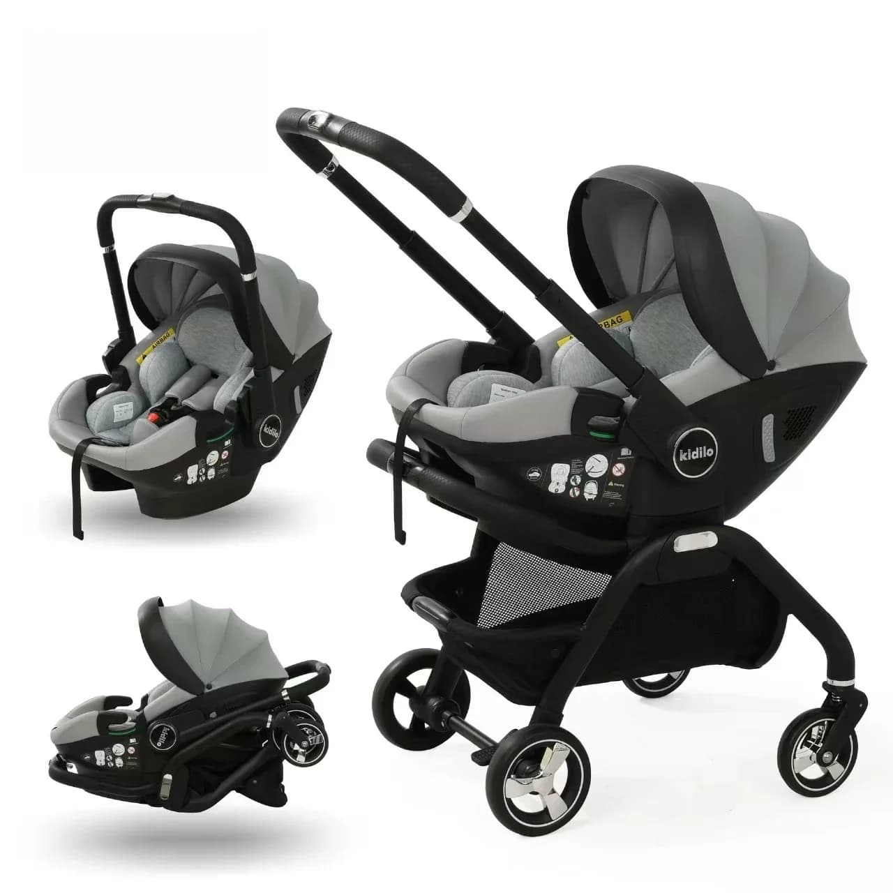 Kidilo-Poussette Portable 3 en 1 pour Bébé, mir de Couchage pour Nouveau-Né, Siège de Voiture Multifonction, Accoudoirs Réglables, Stock UE