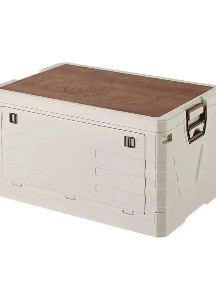 Boîte de rangement en plastique pour le camping en plein air, boîte de rangement empilable avec couvercle en bois, capacité multiple, conteneur de