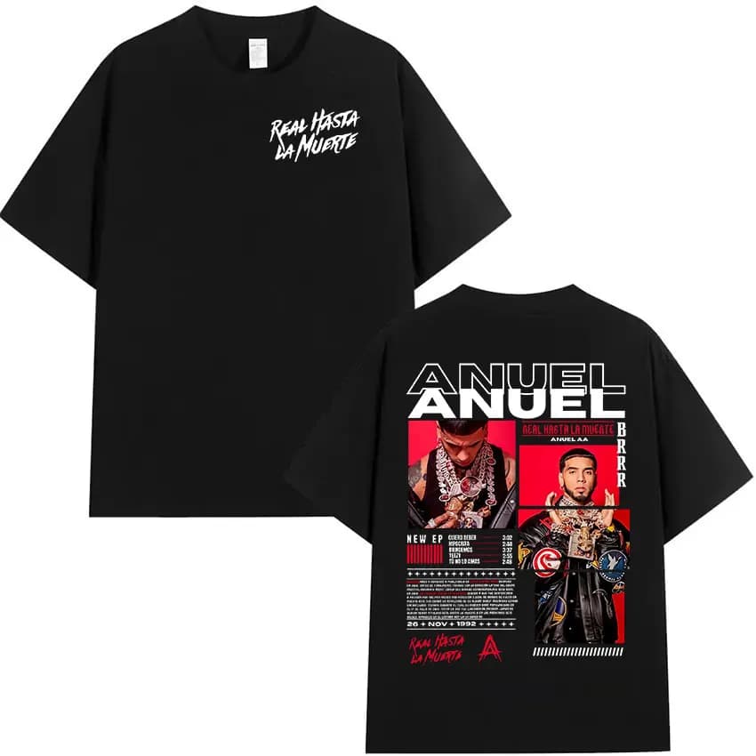 Rappeur Anuel AA Real Hasta La Muerte Tour 2025 nouvel Album T-Shirts hommes Hip Hop gothique T-Shirts 100% coton T-Shirt à manches courtes