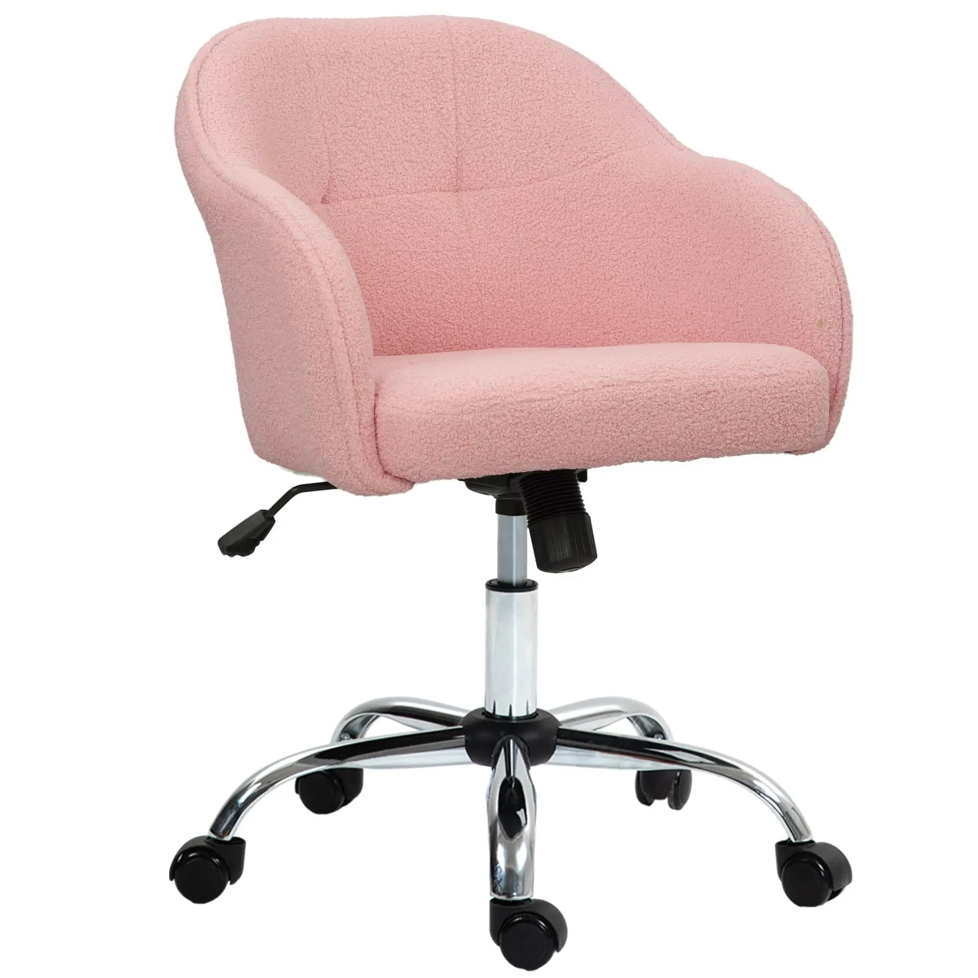 Chaise de bureau rose avec texture Teddy, hauteur réglable 46-56 cm, dossier et accoudoirs rembourrés, 5 roulettes, max 120 kg