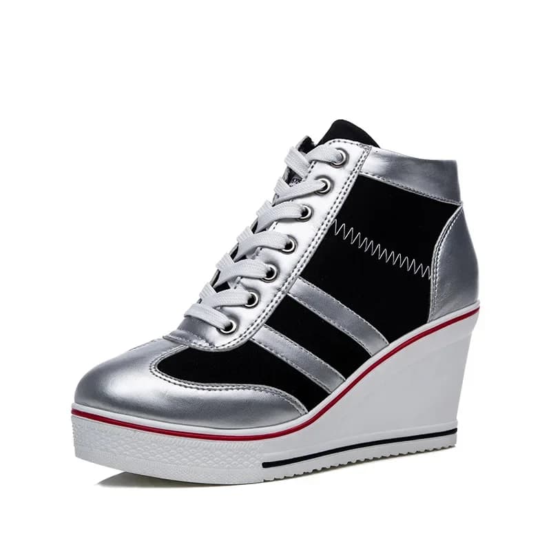 Chaussures pour femmes 2026 Nouveauté – Chaussures décontractées en toile à talon compensé avec chaîne latérale et lacets, plateformes de 8