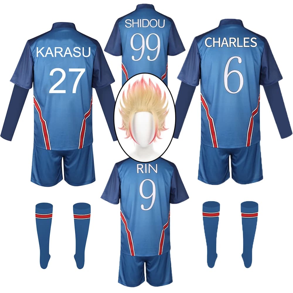 Costume de Cosplay Rin Itoshi, perruque, maillot de football Anime Shidou Ryuusei, maillots de Cosplay Karasu Tabito Charles, uniforme de sport
