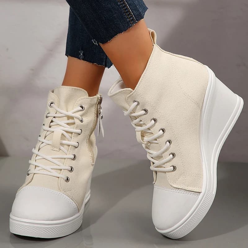 Baskets légères à semelles compensées pour femmes, chaussures montantes en toile à plateforme, fermeture éclair, chaussures de marche