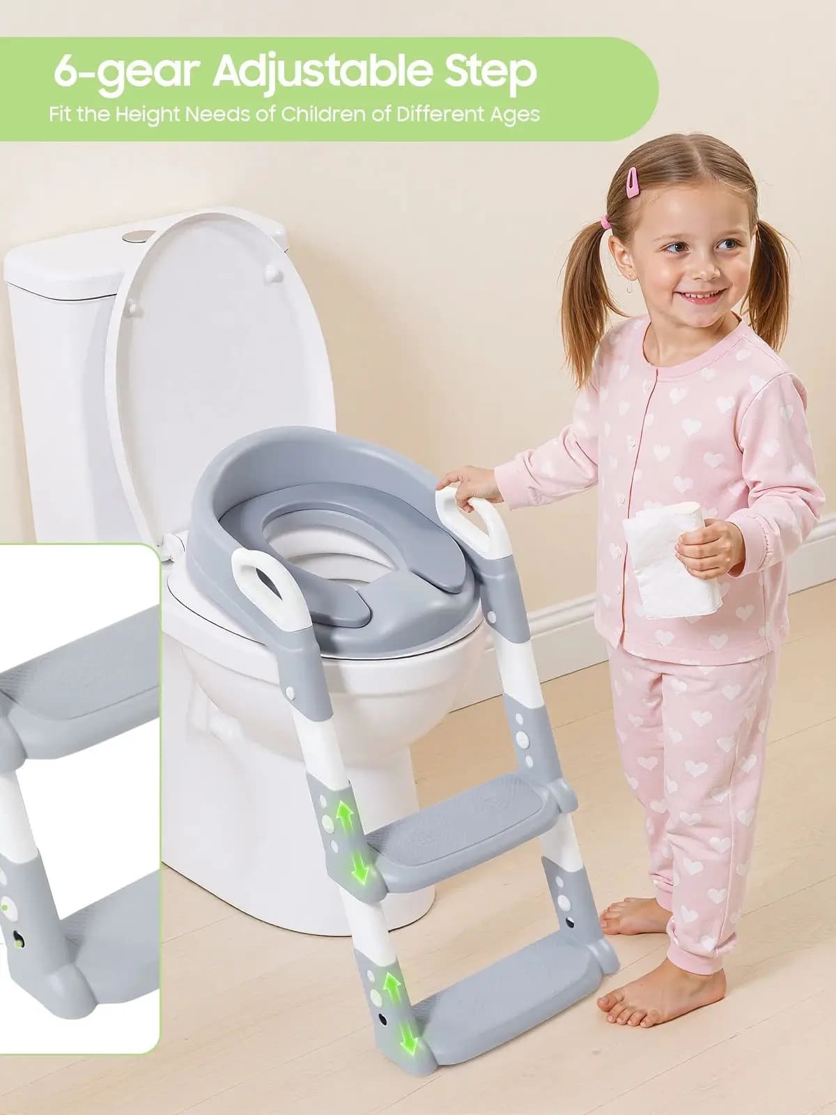Siège d'apprentissage de la propreté pliable pour enfants avec marchepied, siège de toilette réglable à 6 niveaux pour tout-petits avec pédales