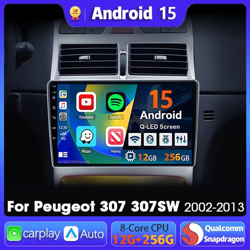 Lecteur multimédia de navigation Android 16 pour Peugeot 307 307CC 307SW 2002 - 2012 2013 Carplay Auto Stéréo DVD BT vidéo DSP radio
