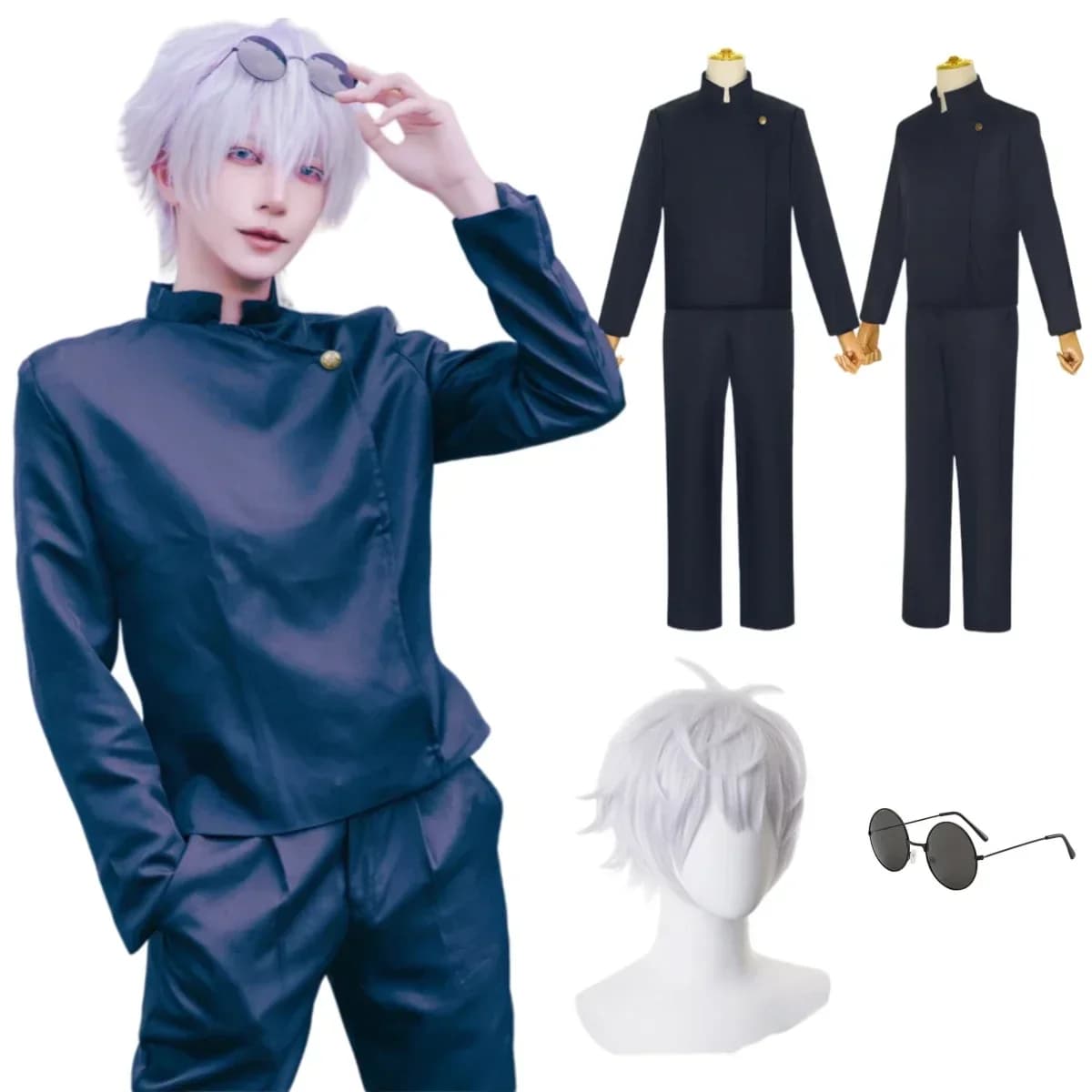 Gojo Satoru Cosplay Costumes pour hommes, Anime iforme de lycée, Perruque trempée, Costume d'Halloween, Vêtements pour adultes