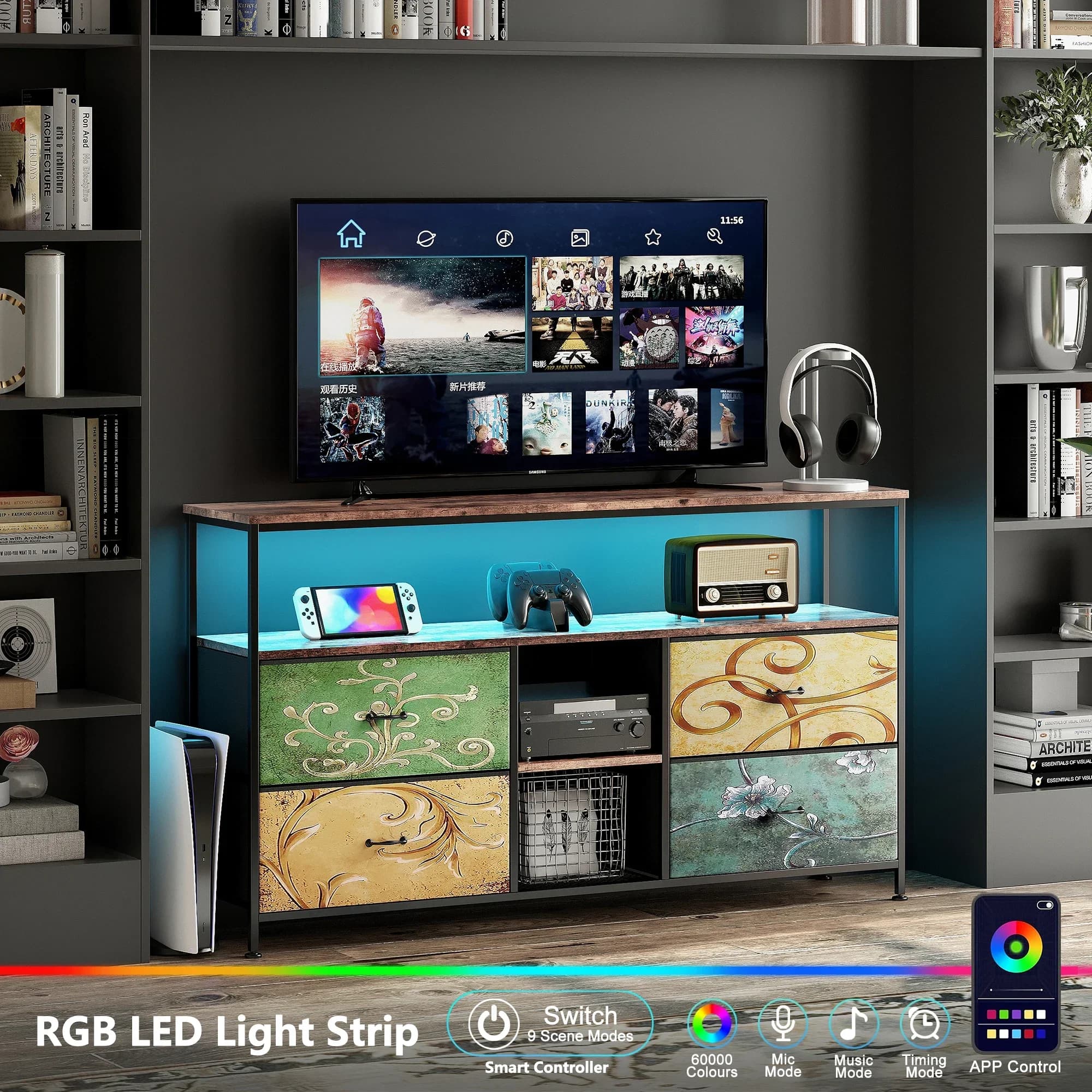 Rosahqnda Meuble TV avec 4 tiroirs, meuble TV, étagères réglables, table TV, meuble TV meuble de salon