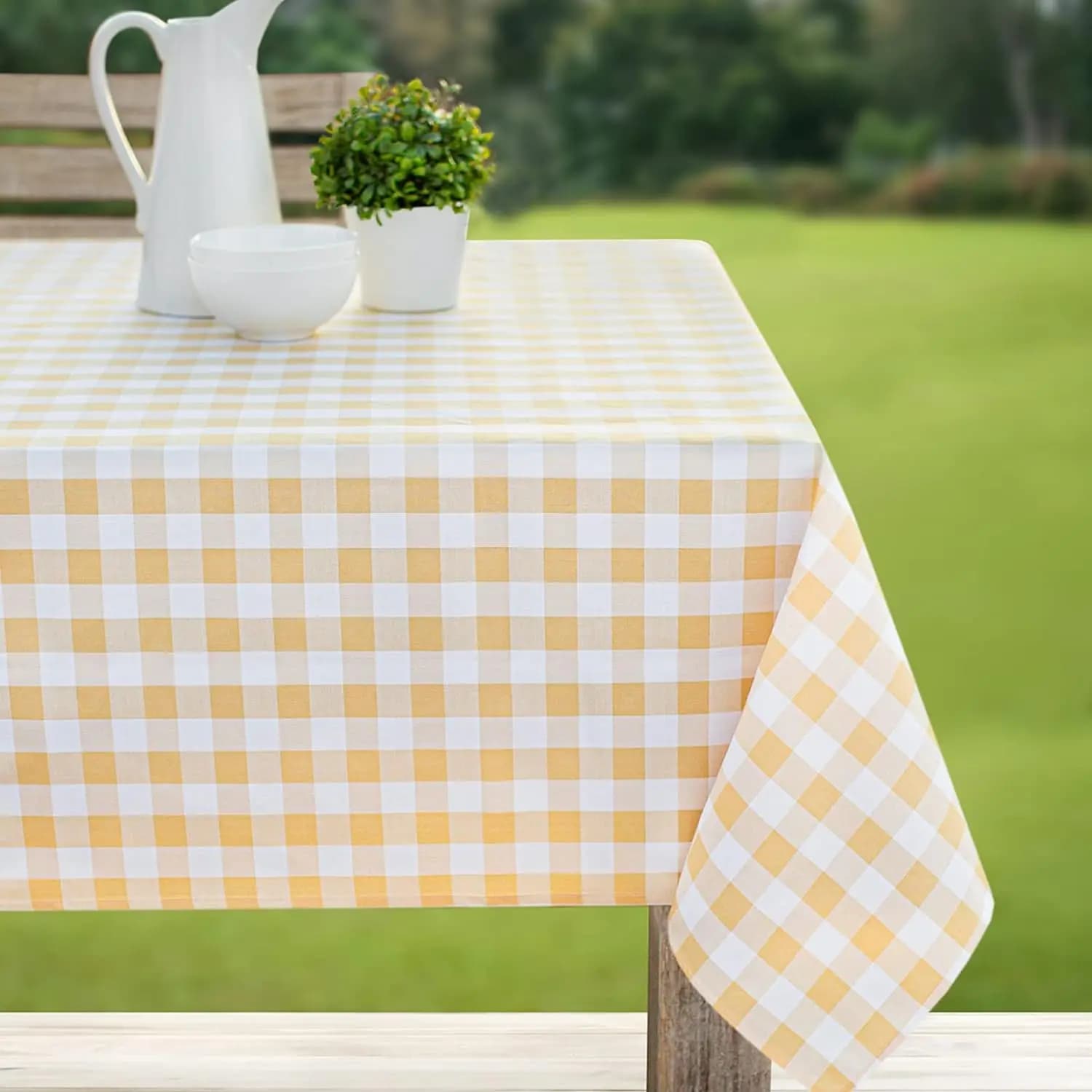 Nappe rectangulaire à carreaux de buffle blanc et jaune, décor de Table de pique-nique intérieur et extérieur pour printemps et été, décor de