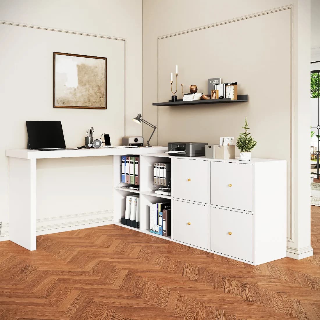 360 °   Bureau en forme de L pivotant, MDF, plateau et pieds de 4 cm d'épaisseur, 4 étagères, 4 tiroirs, configuration flexible en coin ou droite,
