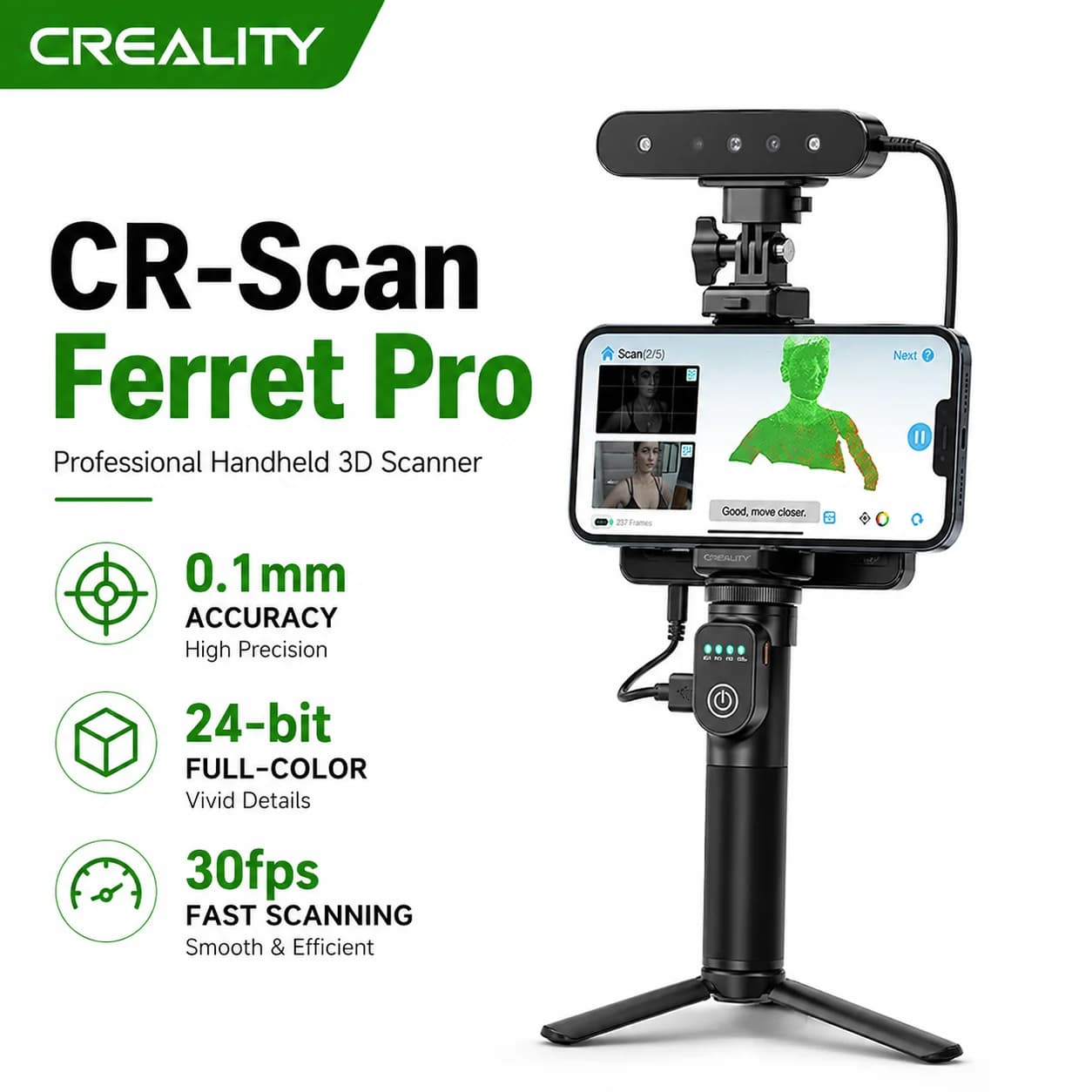 Scanner 3D portable sans fil Creality CR-Scan Ferret Pro WiFi avec suivi anti-tremblement, précision de 0,1 mm, compatible iOS et Android