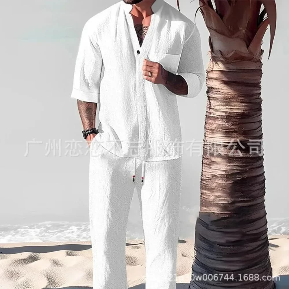 Ensemble deux pièces en coton et lin pour hommes, décontracté, à la mode, ample, col en V, demi-manches, hauts et pantalons, été