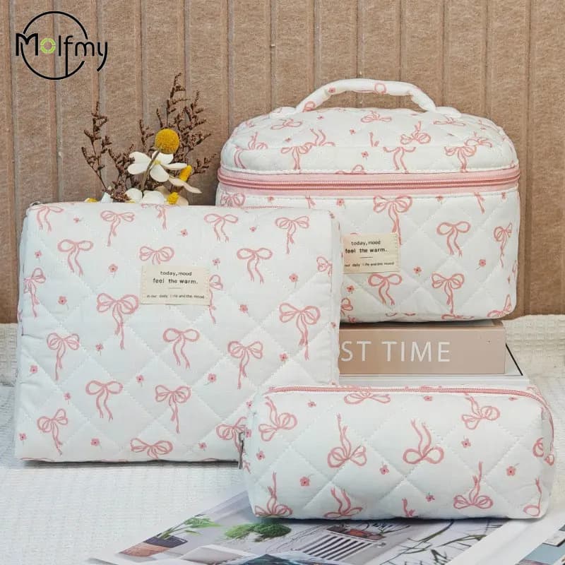3 pièces sac de maquillage nœud papillon matelassé femmes sacs à cosmétiques Portable fermeture éclair maquillage organisateur de voyage sac à