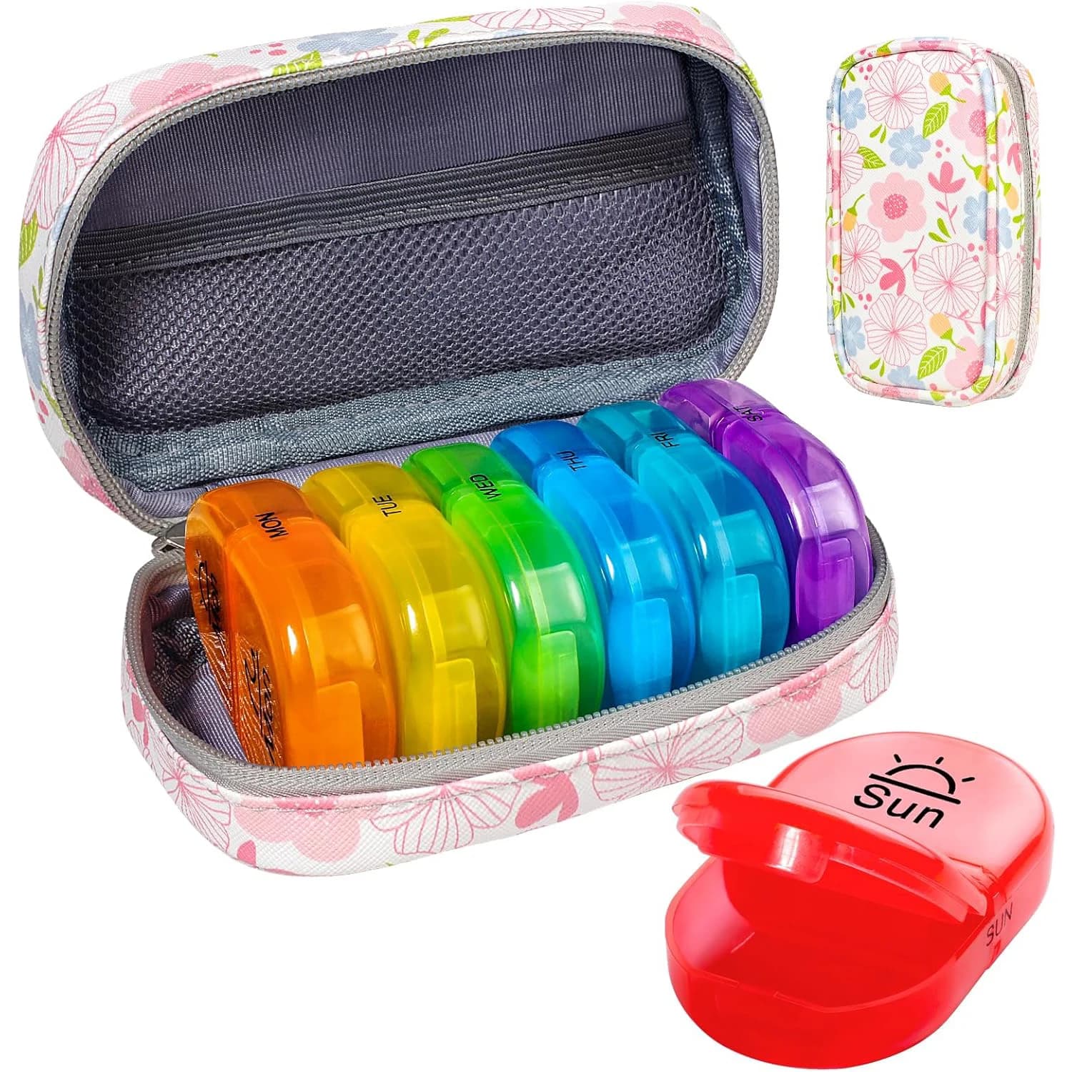 Pilulier hebdomadaire de 7 jours avec pochette en PU zippée – Conception arc-en-ciel vibrante, stockage de médicaments portable pour vitamines,