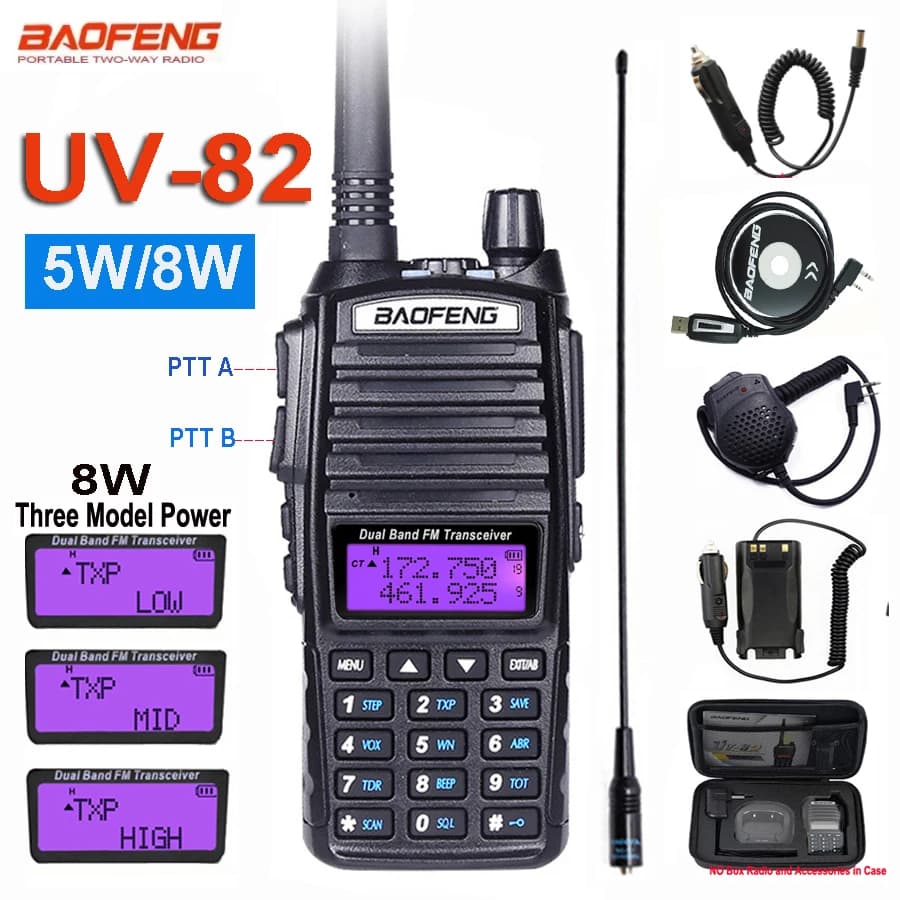 Baofeng-Talkie walperforé UV 82, 5W, 8W, radio amateur, communicateur pour touristes PTT, longue portée, 2 voies, station de radio FM portable