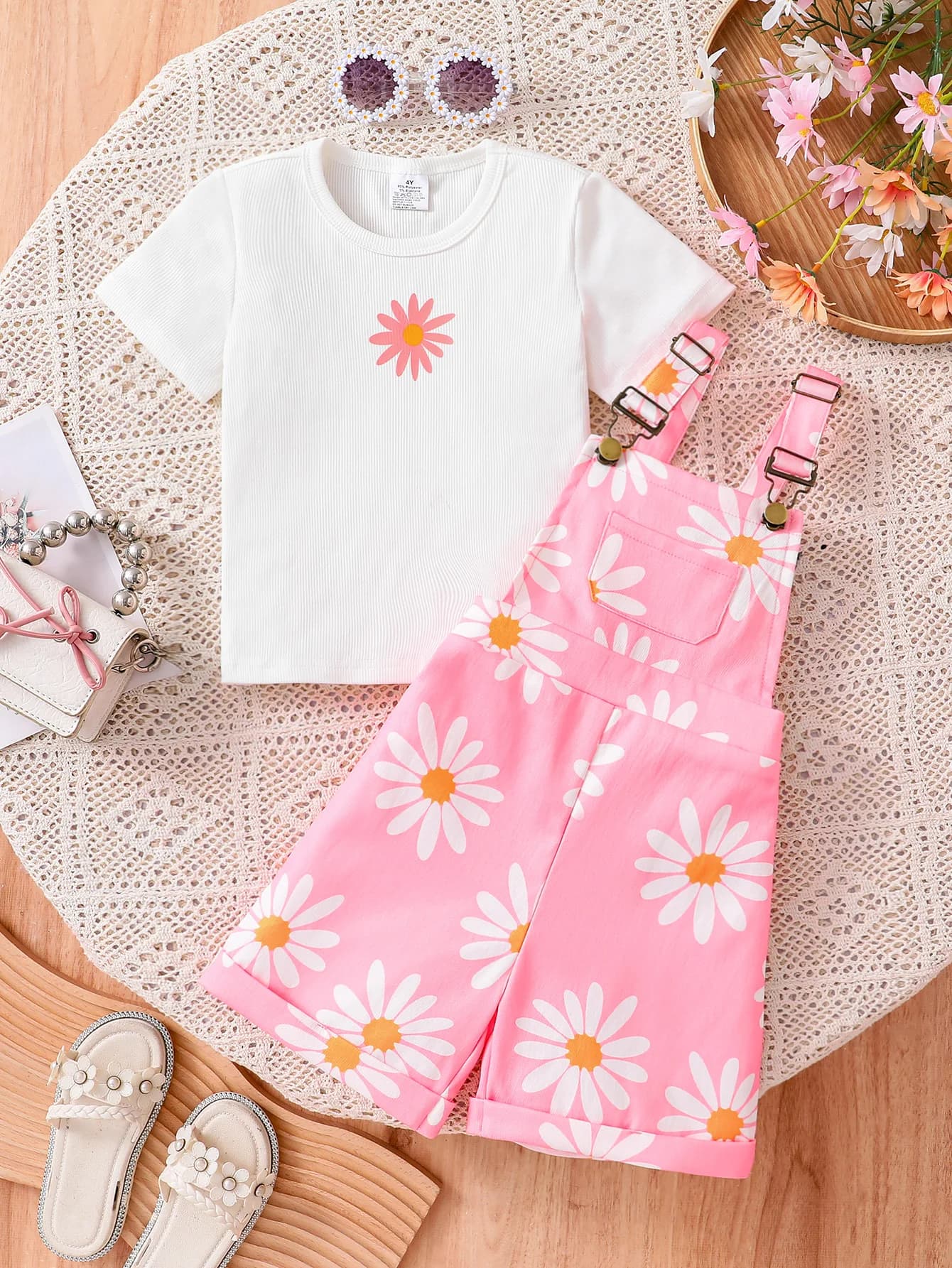 T-Shirt blanc décontracté d'été pour filles, avec bretelles imprimées marguerite, manches courtes, ensemble confortable à la mode pour enfants