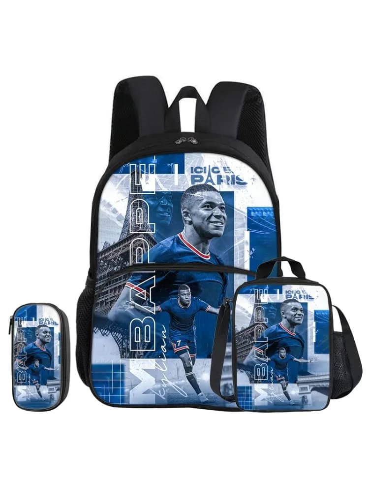 Ensemble de 3 pièces M-Mbappe avec sac à dos à poche avant, sac isotherme pour le déjeuner, trousse à crayons de star de football, cadeau pour