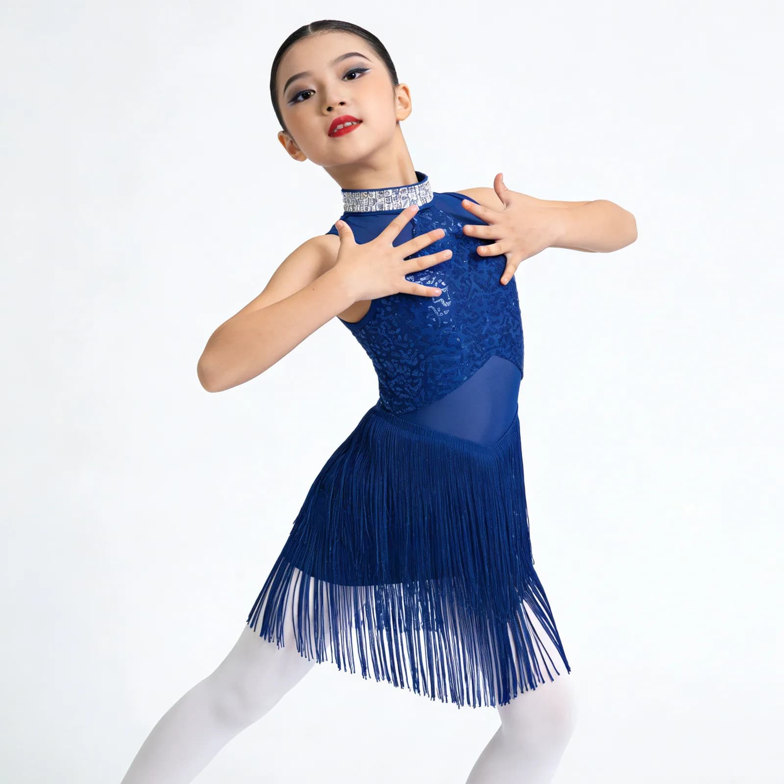 Robe de danse pour filles, style jazz, ballet, danse latine, avec strass brillants, col à paillettes, ourlet à franges en maille, justaucorps de