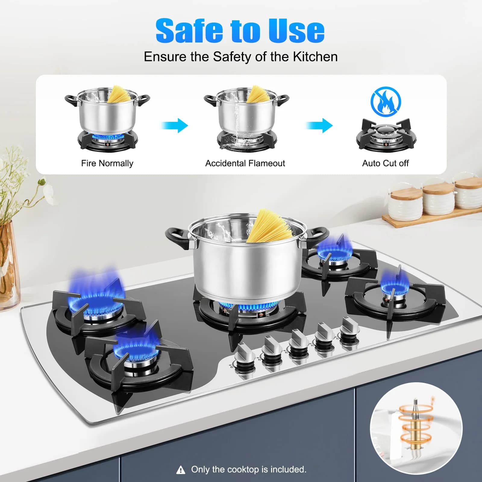  Table de cuisson à gaz 90*51*6cm, cuisinière à gaz avec 5 brûleurs, plaque de cuisson à gaz intégrée, cuisinière en verre trempé pour