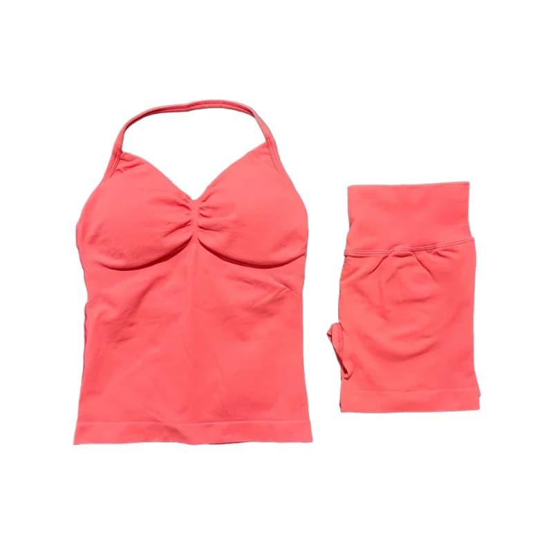 Histello – ensemble de sport 2 pièces pour femmes, haut à bretelles, débardeur de Yoga sans couture, froissé sur les fesses, short