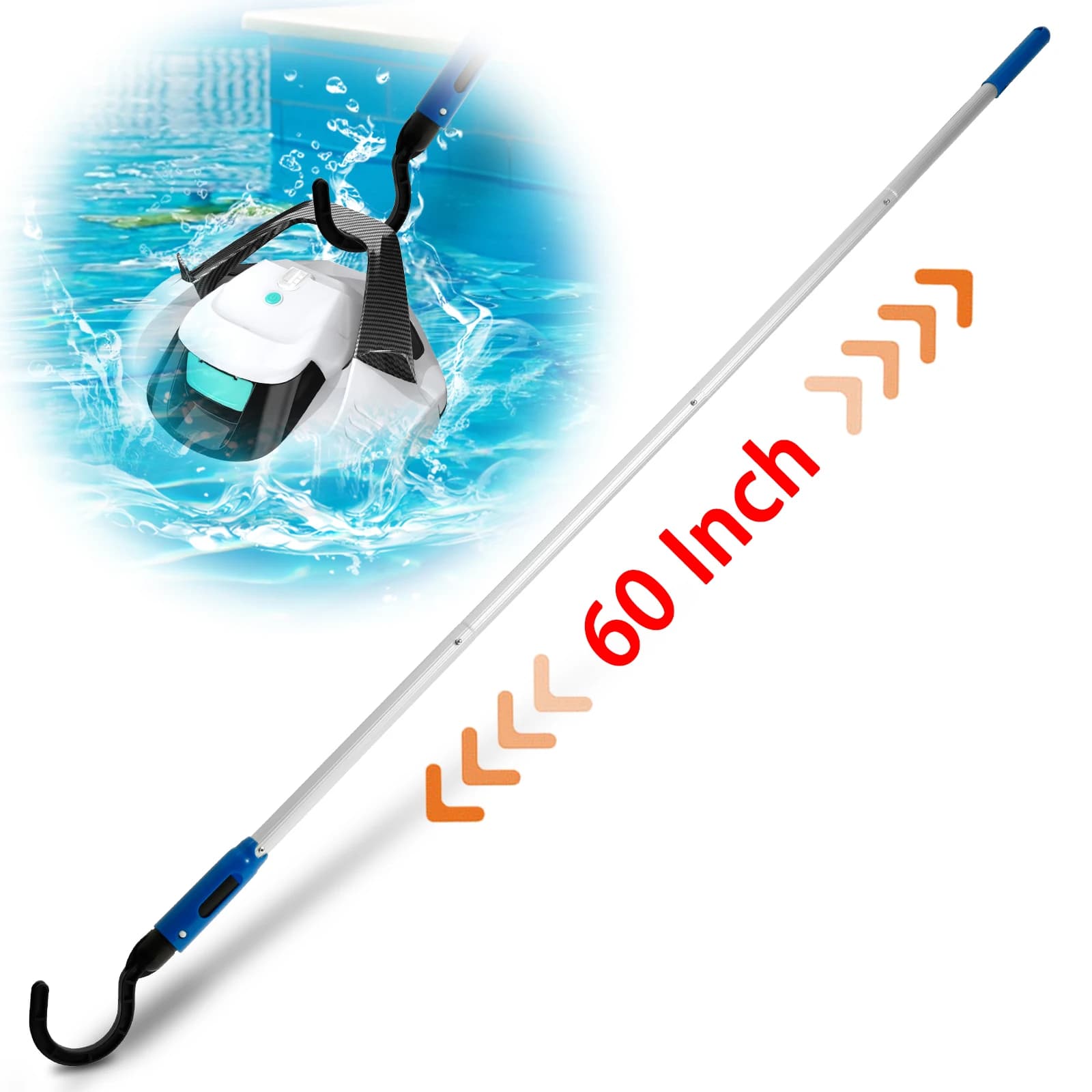 Crochet de poteau de piscine étendu de 60 pouces, télescopique réglable en alliage d'aluminium pour saisir le crochet de poteau de Robot sous vide,