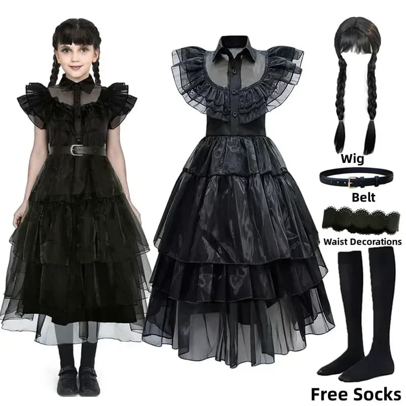 Robe de sorcière noire pour filles, robe de cosplay, tenue de fête d'Halloween, vêtements de danse avec accessoires