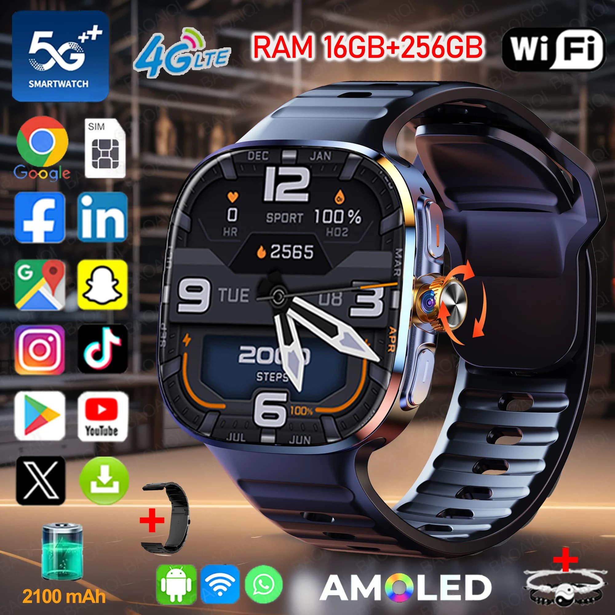 Nouveau grand écran Smartwatch 4G/5G Android 10.0 AMOLED 2.4 pouces 900W caméra pivotante extractible WIFI GPS montre intelligente 16GB + 256GB RAM