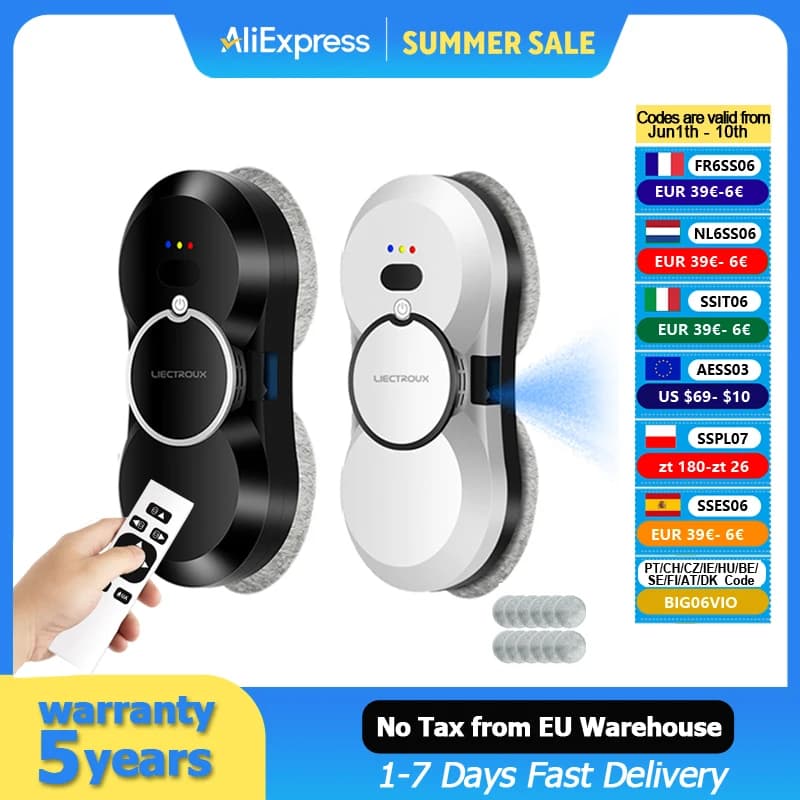 Robot nettoyeur de vitres Liectroux HCR-10, pulvérisation d'eau ultrasonique, aspirateur robot ultra-mince pour les vitres, nettoyage des vitres à