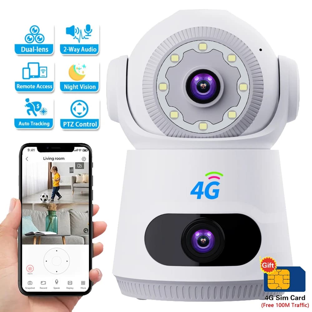 Caméra 4G avec carte Sim 8MP 4K double objectif double écran Audio bidirectionnel moniteur bébé intérieur caméra IP Surveillance CCTV sécurité