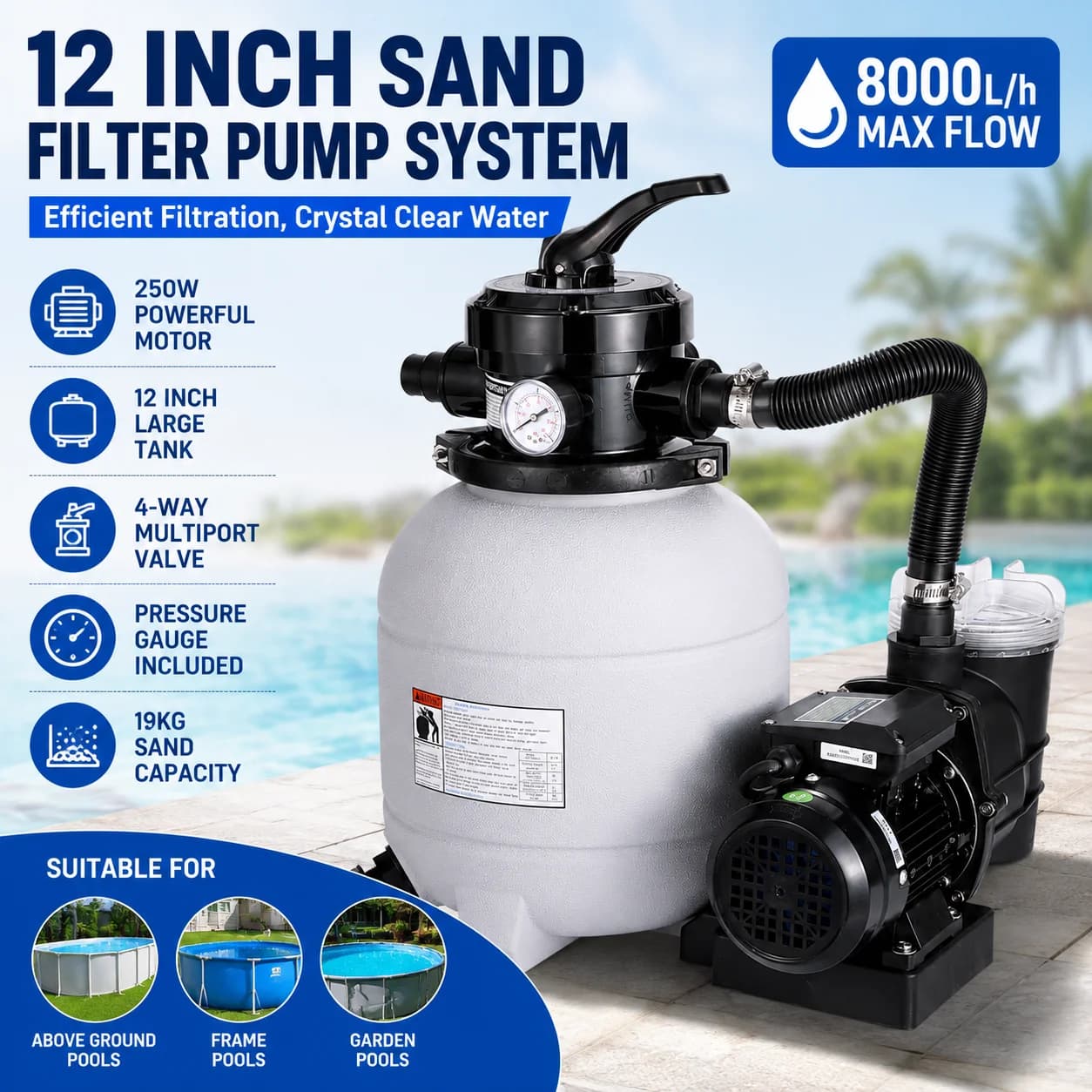Système de filtration de piscine Joybach avec filtre à sable de 12 pouces, pompe de filtration 250W 8 000 L/h, conteneur de filtre à sable de 19
